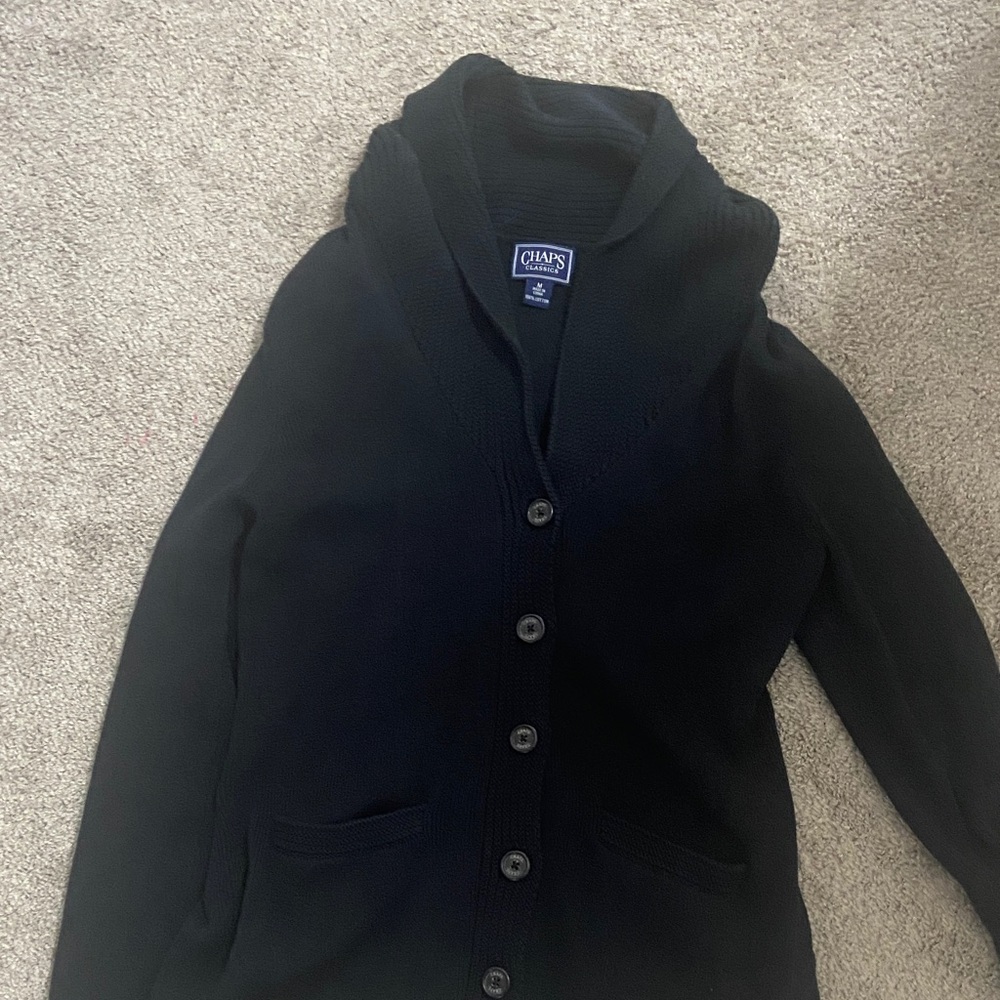 Chaps Black Shawl Collar Button-Up Cardigan